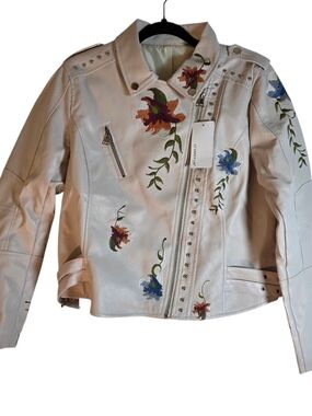 LV Varey Lin Floral Embroidered Moto Jacket Cream Studded Faux Leather XL NWT